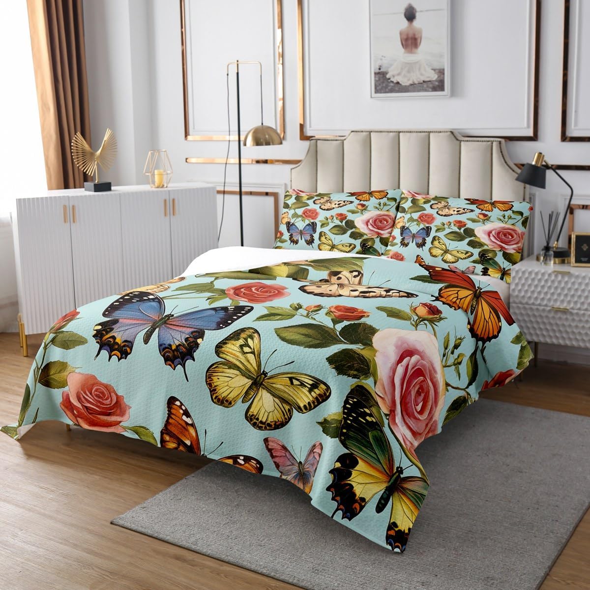 Erosebridal Roamantic Rose Quilt Set Queen Size for Kids Teens Adults,Butterflies Coverlet Set Bedroom Decor,Vlaentine Gift Bed Cover,Oil Painting Butterfly Bedspread Set
