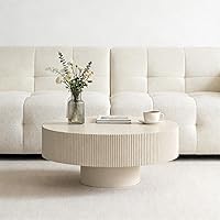 Vista 4 de Moderna mesa de centro redonda acanalada, mesa de centro de madera de tambor contemporáneo con base cilíndrica, mesa central circular para sala