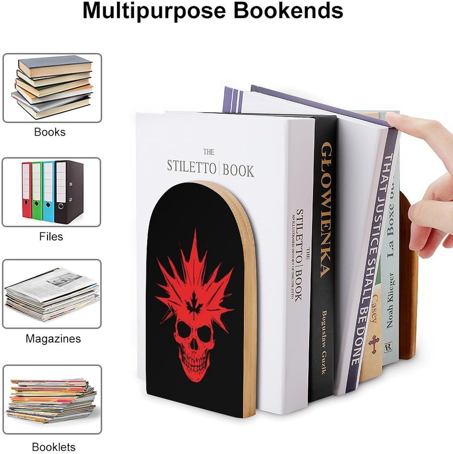 Maple Leaf Skull Canada Flag Cute Wood Book Ends Decorative Bookends 1 Pair Non-Skid for Shelves Home Office 7 X 5 Inch