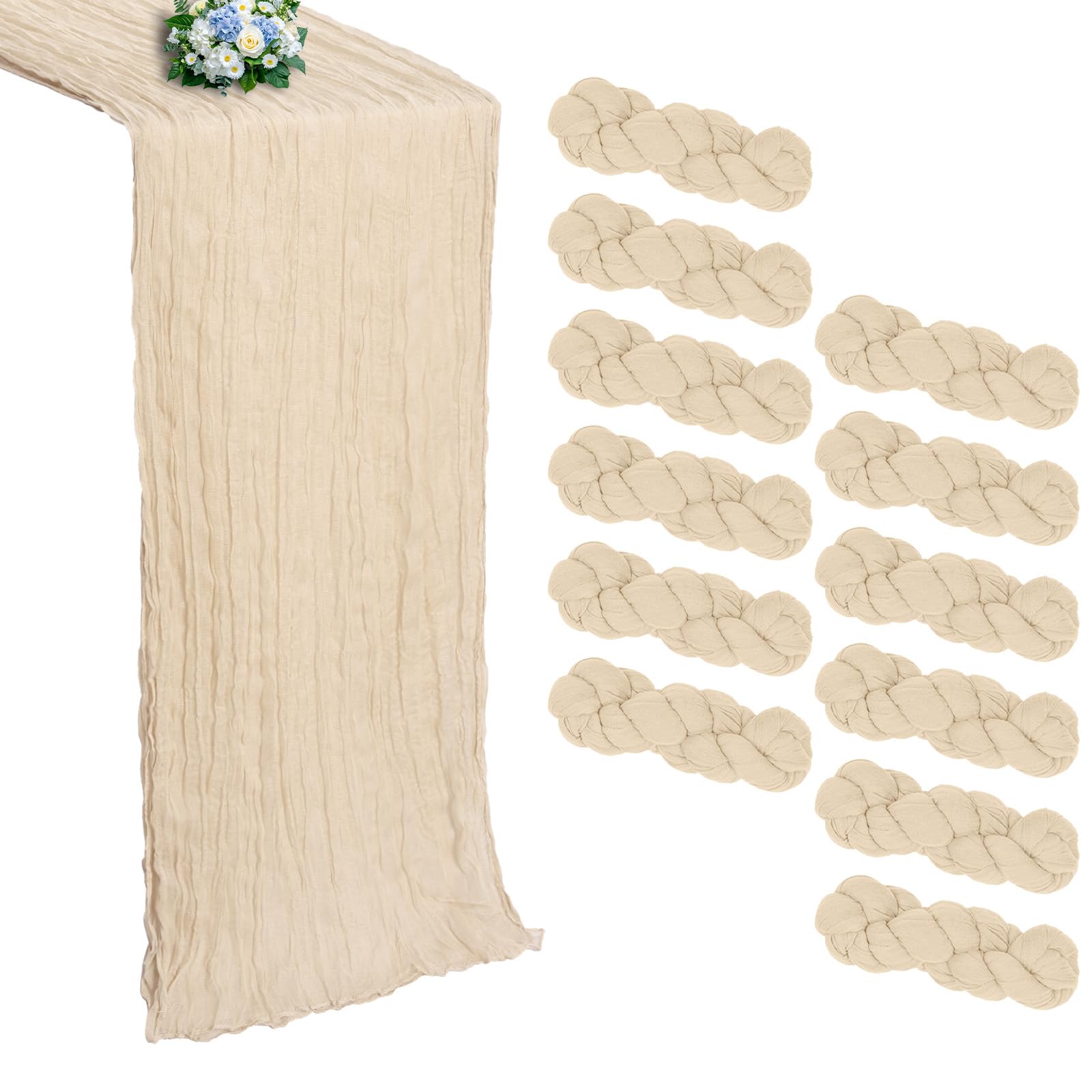 Confezione da 12 runner da tavola beige in garza, 3 m, in tessuto di garza, rustico, per autunno, Ringraziamento, matrimoni, compleanni, feste di nascita, decorazioni per la casa