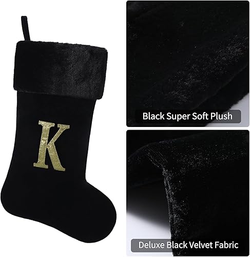 Miniatura 3 de Calcetín de Navidad con monograma inicial de 20 pulgadas, cuerpo de terciopelo negro de lujo con letra bordada en el puño de felpa supersuave,