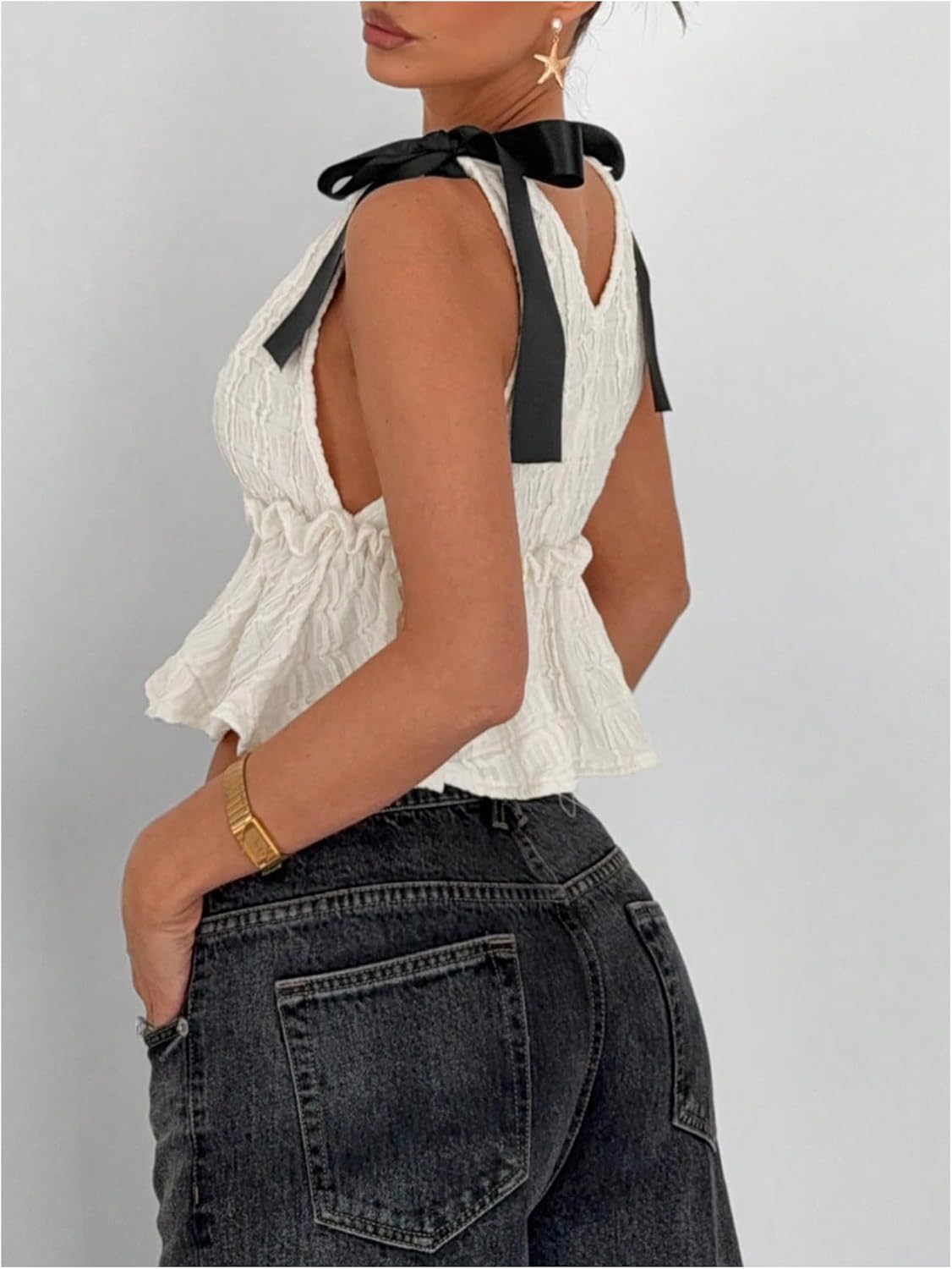 MakeMeChic Women's Bow Strap Deep V Neck Ruffle Hem Crop Top Cami Tank Top Sleeveless Textured Blouse - Image 2