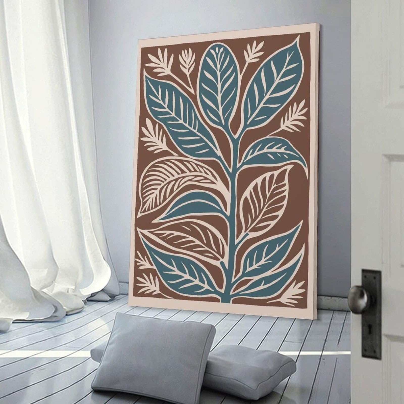Junmoney Teal Leaf Print Wall Picture Print 12x18inch(30x45cm), for Calm Bedrooms, Home Corners Or Flats, Home Artwork with A Soft Interior Feel