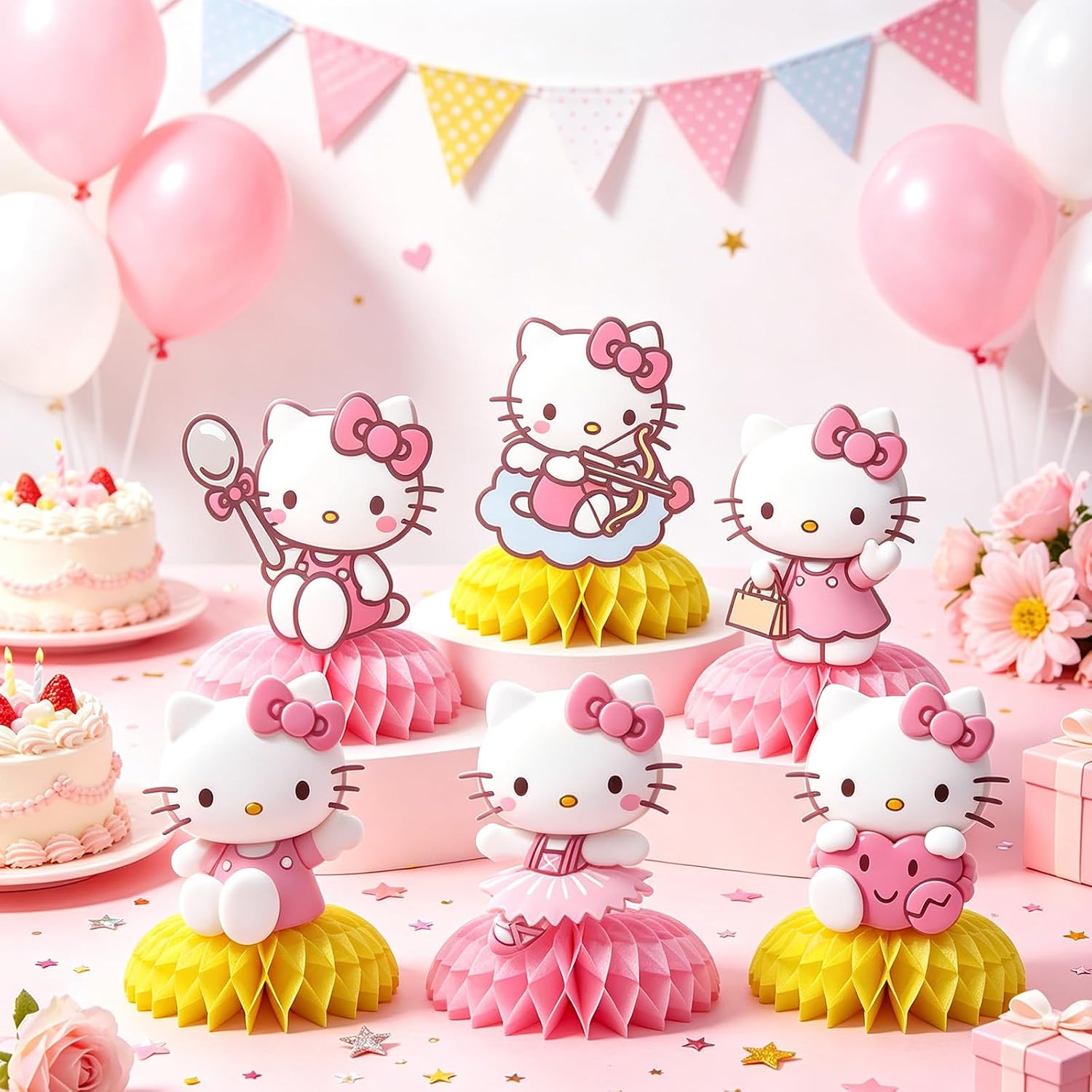 Kitty Birthday Party Supplies , 8Pcs Honeycomb Centerpieces for ctue animen Decorations, Double Sided Table Decorations Centerpieces Party.