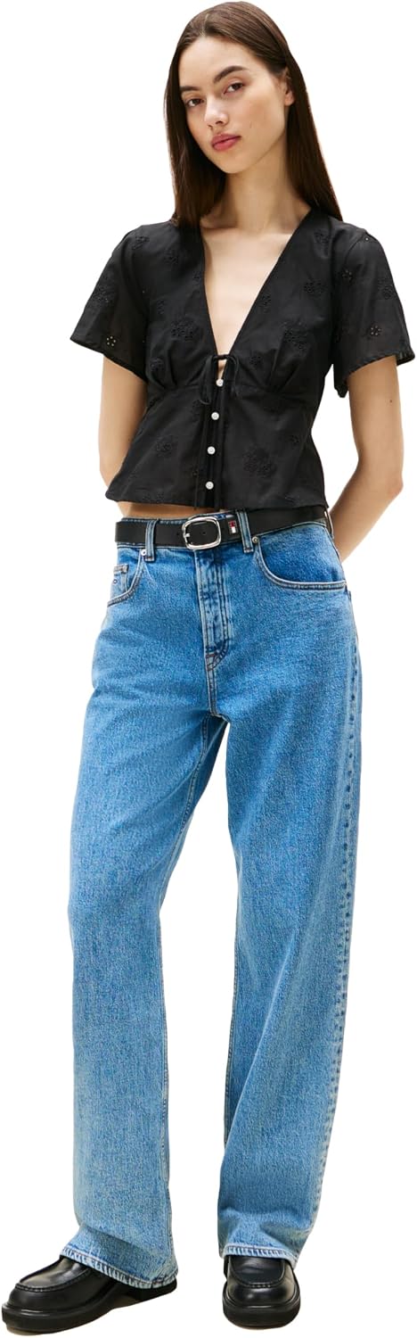 Tommy Jeans Women's Casual Cotton Blouse with Front Tie Eyelet Tops for Women
