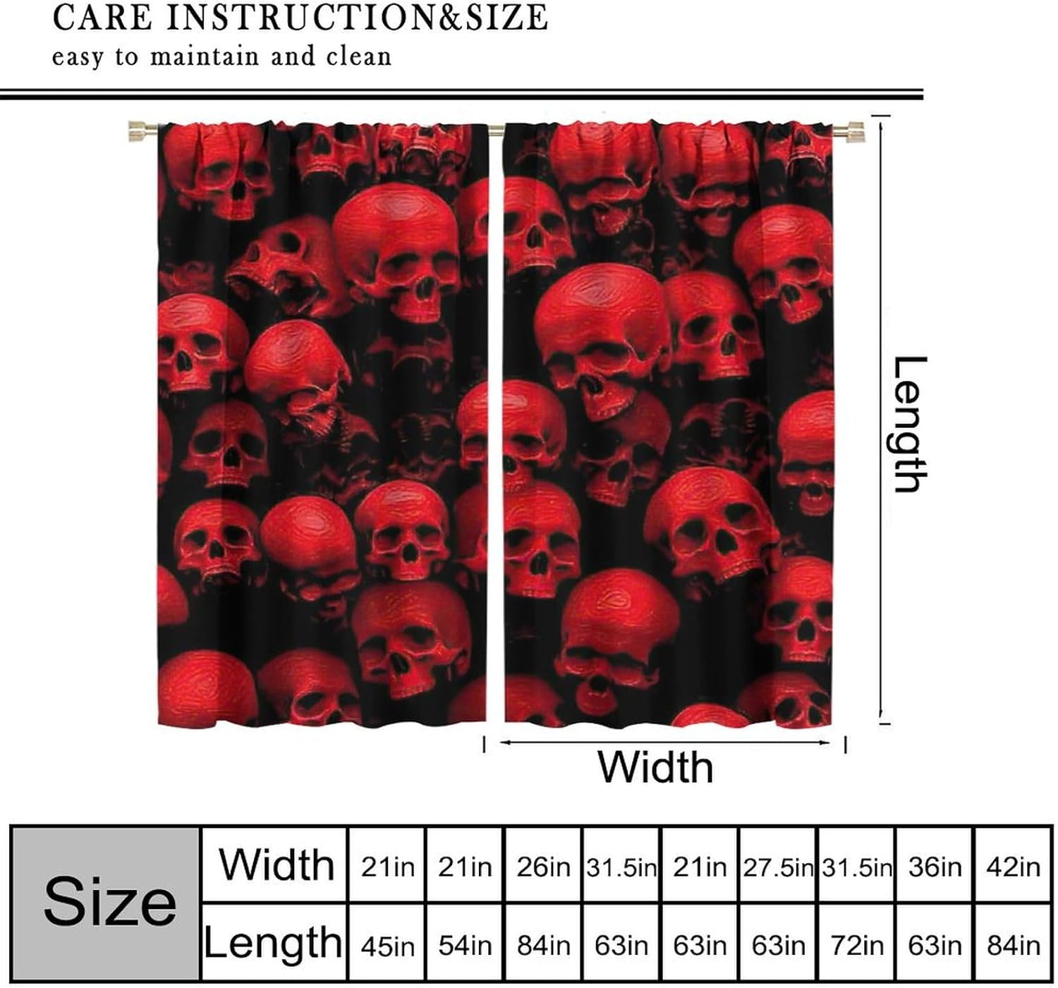 Gothic Horror Skeleton Blackout Window Curtains, Halloween Red Skull Pattern Rod Pocket Window Drapes, for Living Room Bedroom 42" W X 45" L