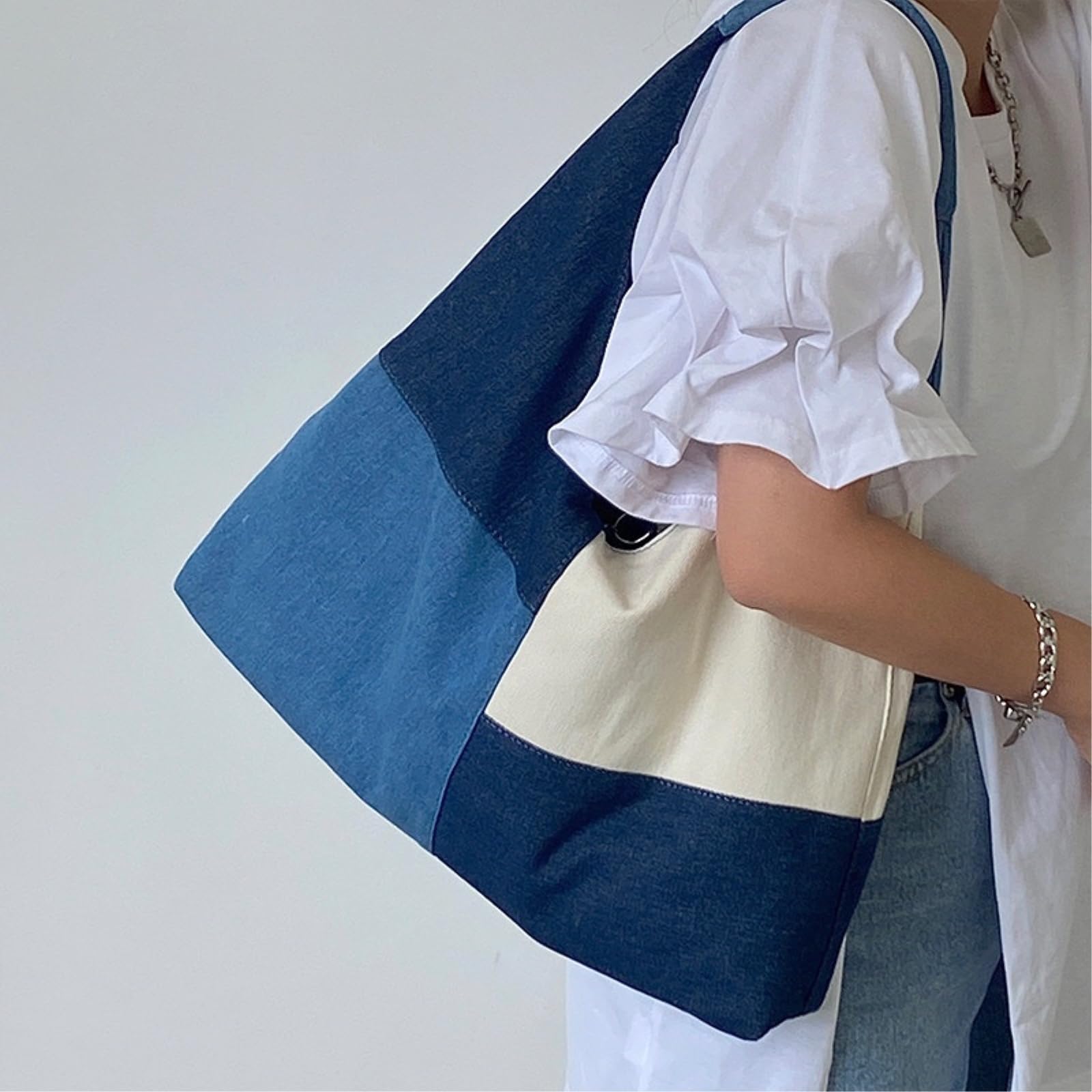 Borsa a Tracolla Patchwork Design Donne Spalla Moda Denim Borse Femminili Grande capacità Jeans Grandi Totes-blue-45x25x10cm