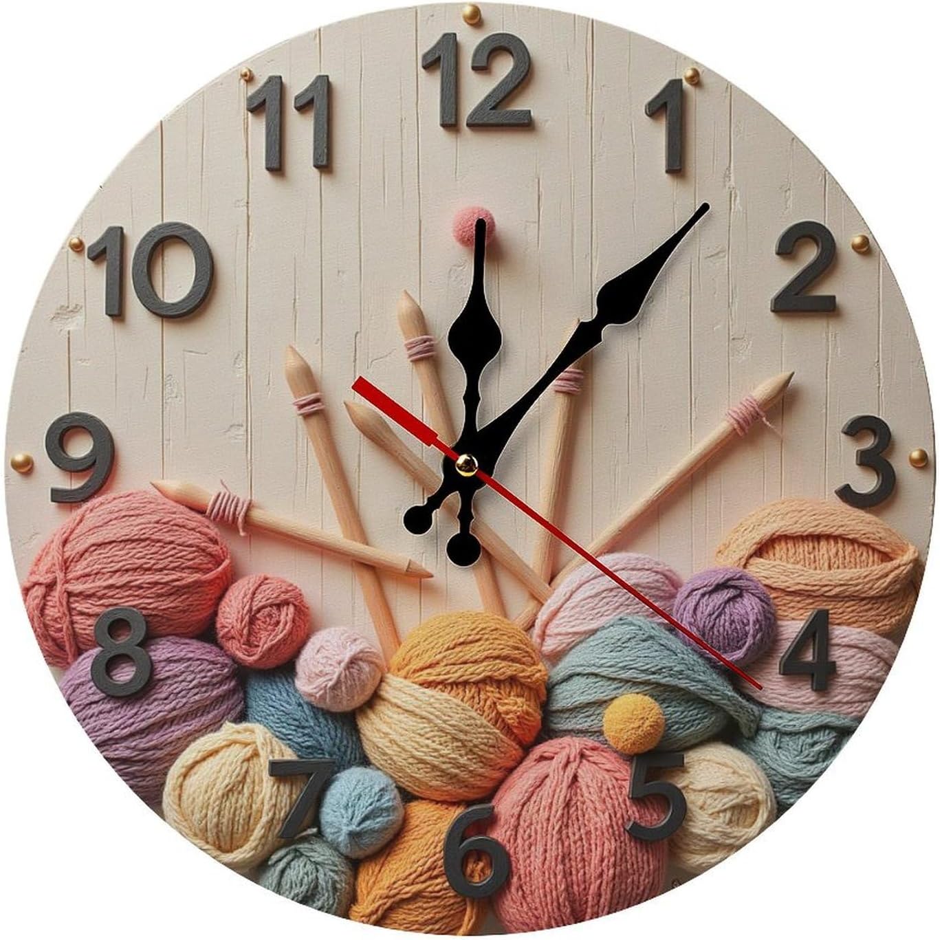 Yarn and Knitting Needles on Clock 2D 12 Inch Silent Wall Clock, Frameless Wooden Round Clock with Quartz Movement for Bathroom, Kitchen, Living Room, Bedroom