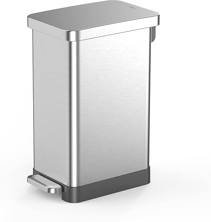 QUALIAZERO 50L/13Gal Heavy Duty Hands-Free Stainless Steel Commercial/Kitchen Step Trash Can, Fingerprint-Resistant Soft Close Lid, Slim Shape (50L Slim)