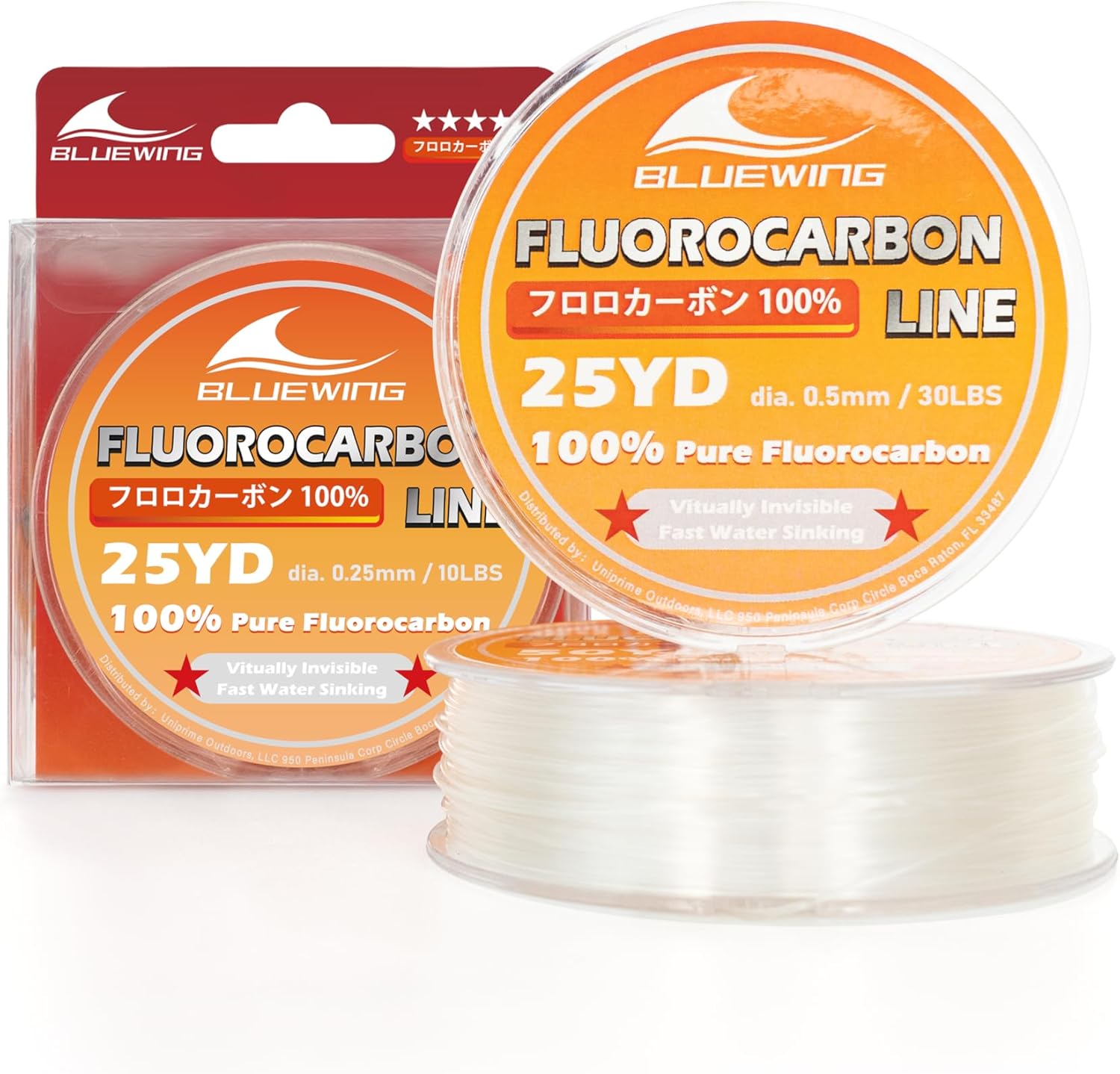 BLUEWING 100% Pure Fluorocarbon Fishing Line 10,15,20,30,40,50,60,80,100 lbs, 25,50 Yards Leader Clear Thin Diameter String for Freshwater and Saltwater