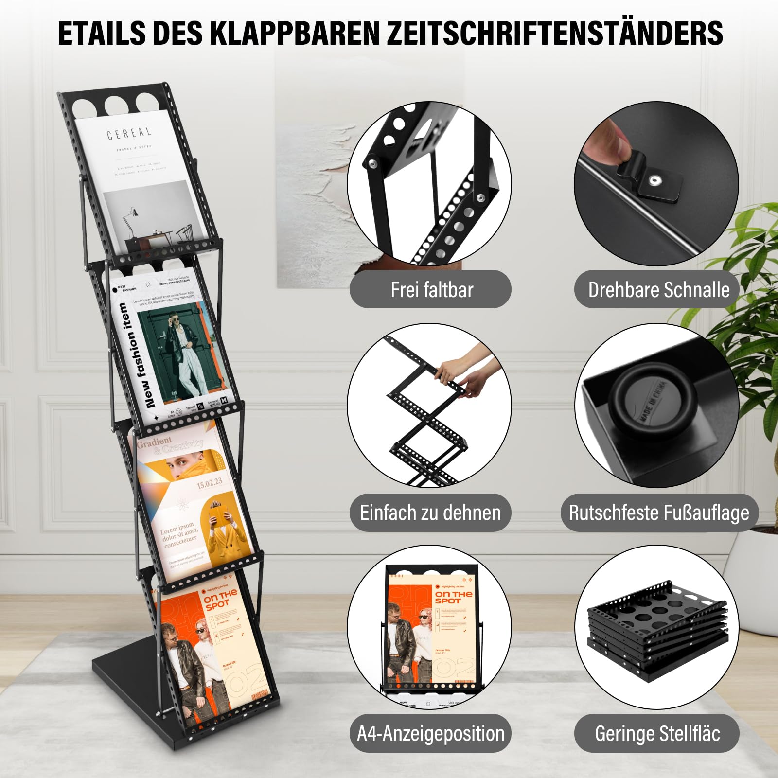 SUNDOY Faltbarer Zeitschriftenständer mit 4 Taschen – Magazinhalter & Broschüre Prospekthalter mit Tragetasche für Büro, Einzelhandel & Messe-Ausstellungen (Schwarz-27Bx36Tx130H)