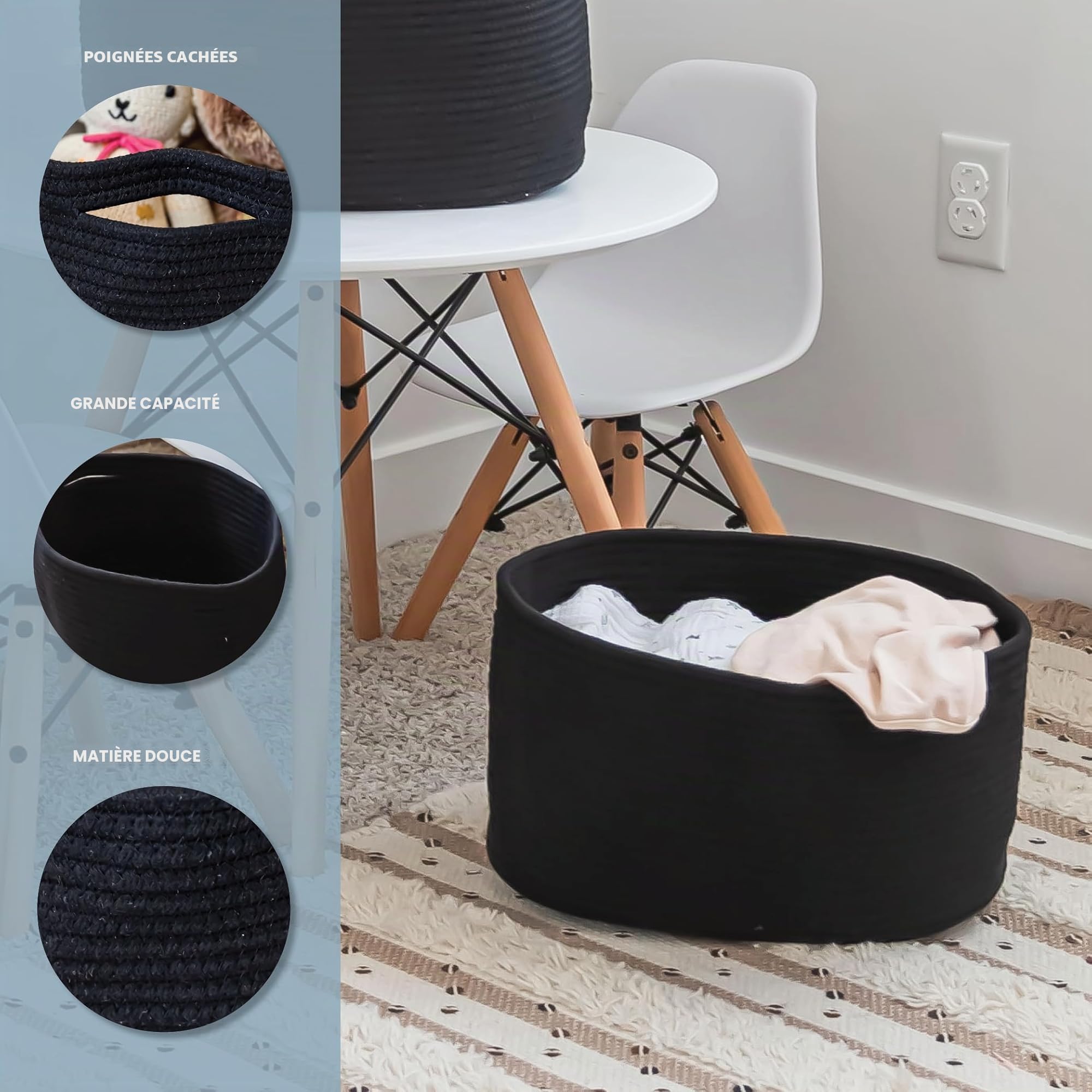 OrganiHaus Lot de 3 Paniers de Rangement Tissés pour Étagères, 37,5x22,5x25 cm, Noir