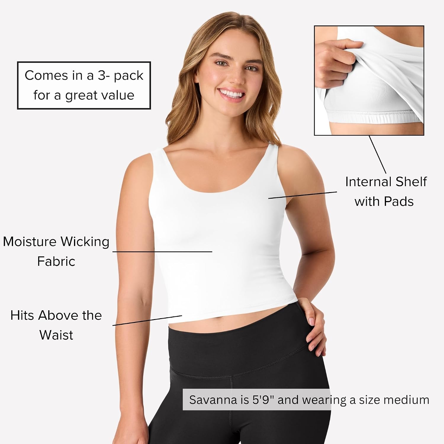 Hanes Womens Tank Pack, 3-Pack, Cooldri Crop Tank Top with Built-in Shelf Bra, Moisture-Wicking