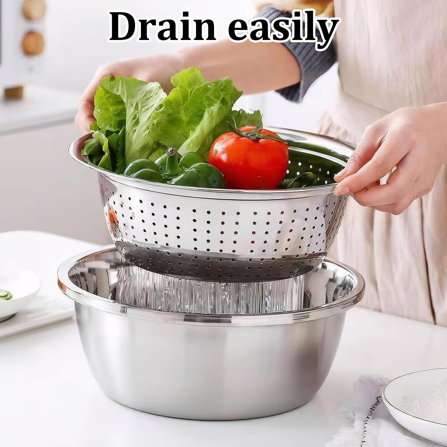 1 Set of Multifunctional Stainless Steel Basin,3-in-1 Stainless Steel Basin Strainer Set,Including Solid Basin Drainer and Grater,Easy to Clean and Improve Cooking Efficiency (10.24in)