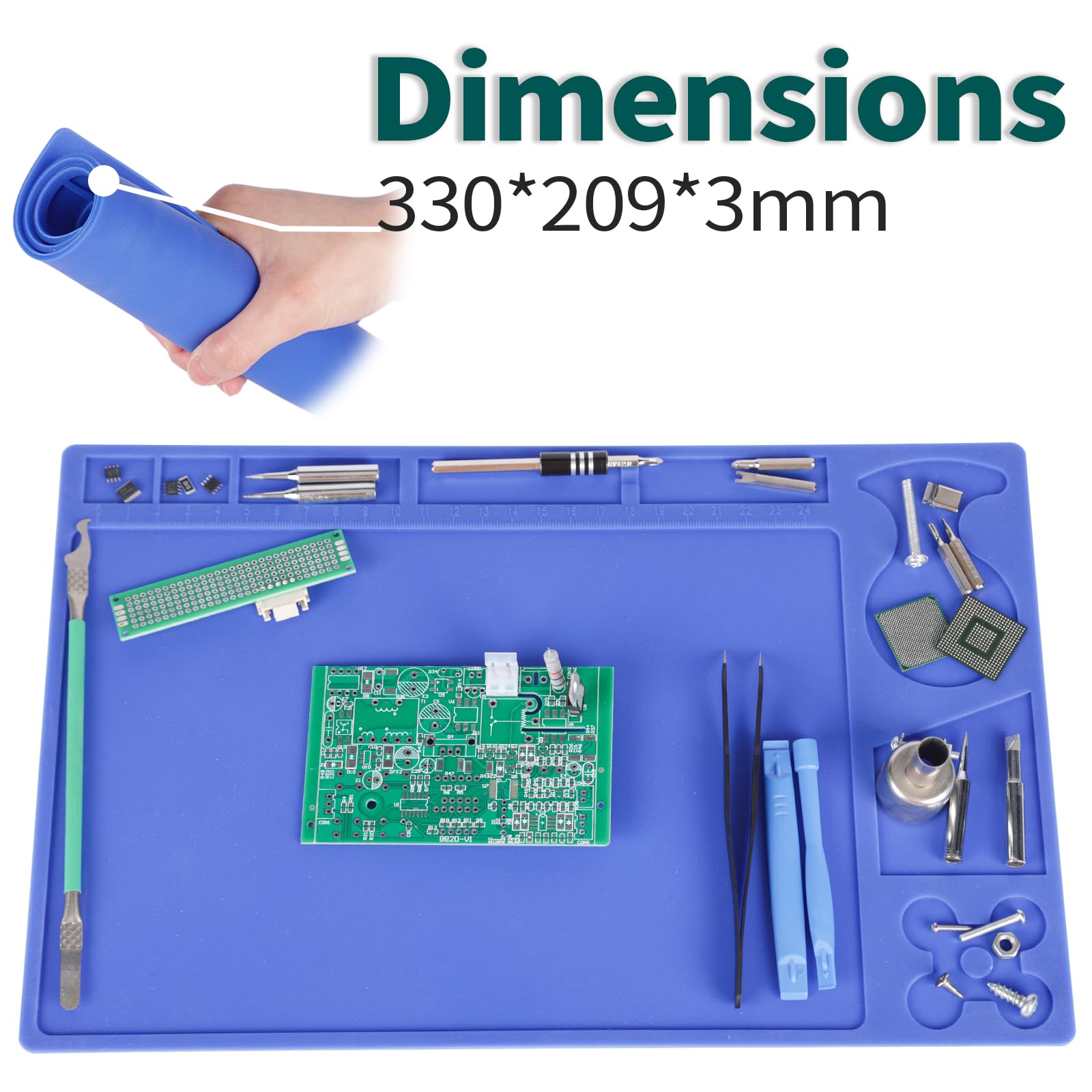 YIHUA M150 Heat-Resistant Soldering Mat Dimensions 330x209x3mm with Multiple Storage Slots, Built-in Ruler - Image 2