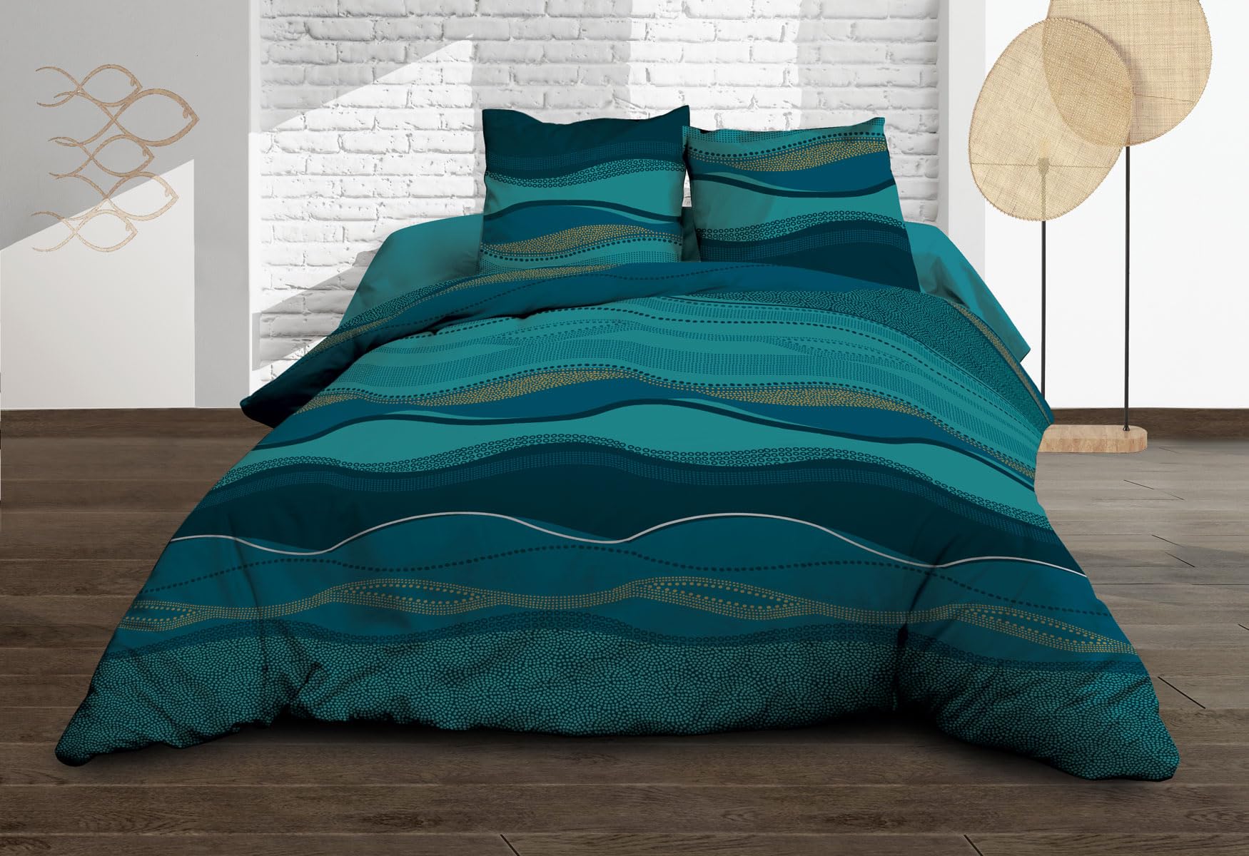 Parure drap plat et drap-housse en coton 57 fils bleu Baltique pour un lit double élégant