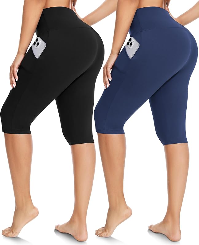 FULLSOFT Paquete de 2 leggings capri de cintura alta hasta la rodilla para mujer | Control de barriga, no transparente, pantalones de yoga de compresión, entrenamiento, atletismo, correr