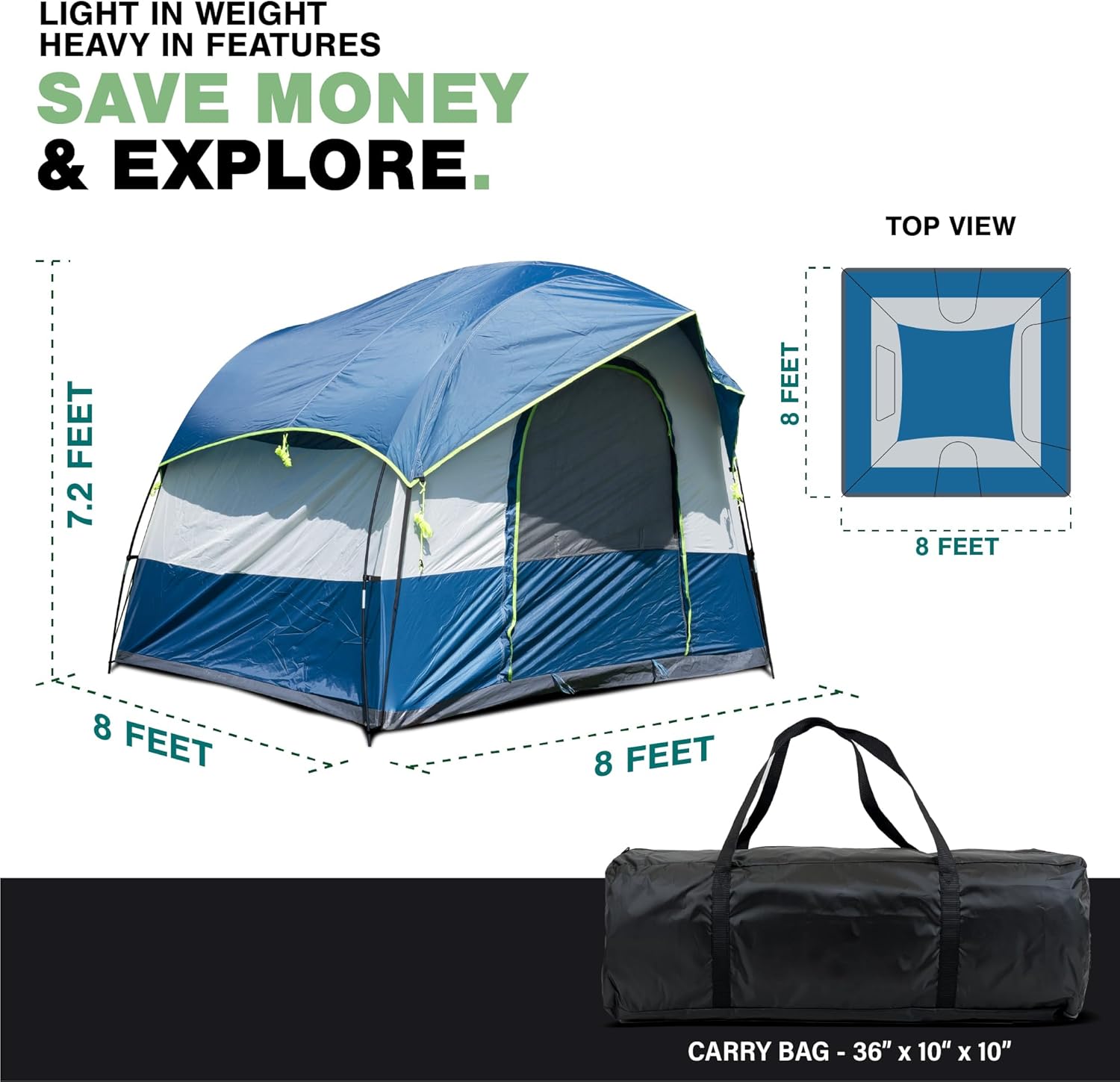 Universal SUV Camping Tent - Up to 8-Person Sleeping Capacity, Includes Rainfly and Storage Bag - Car Tailgate Glamping Tent - 8'W x 8'L x 7.2'H Gray and Blue