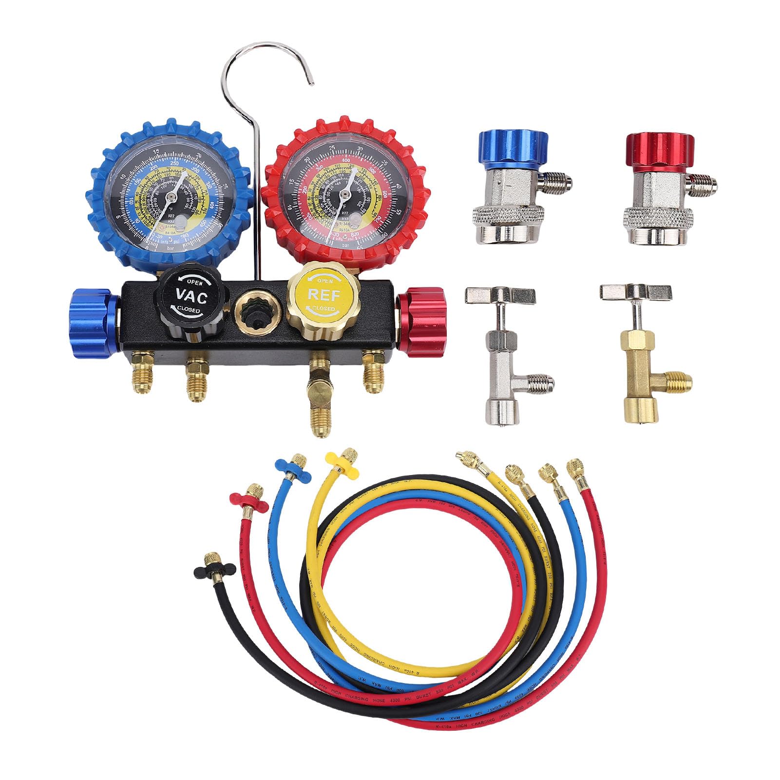 Keenso Juego de Manómetros de Colector de CA, Kit de Carga de Refrigerante de Aire Acondicionado Automotriz de Latón con Manguera de 4.92 Pies y Válvula de Seguridad, para