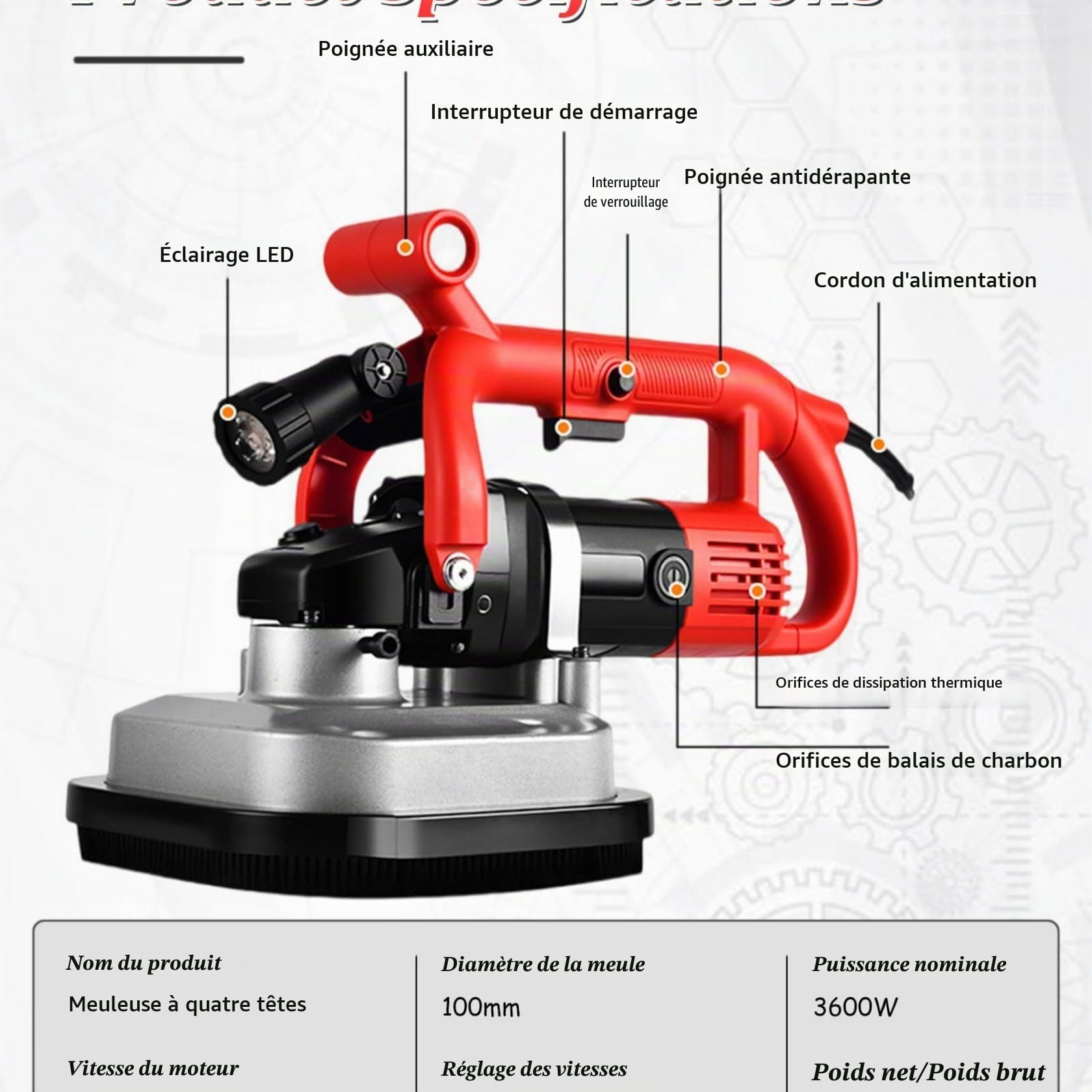 Ponceuse-Polisseuse éLectrique Rotative à 4 TêTes, Meuleuse d'angle pour BéTon, Ponceuse à BéTon pour Murs Et Sols, 3600 W, 6 Vitesses Variables (600-3000 TR/Min), pour Ciment Extensionrod