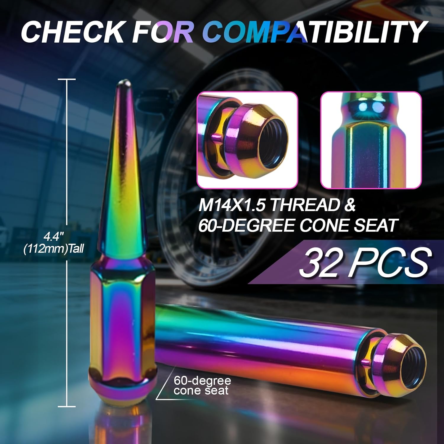 M14x1.5 Spike Bullet Lug Nuts 32 Pcs with Key for Ford F250 F350 for Silverado 2500hd 3500hd for Tesla S 3 X Y for Gmc Sierra Yukon Dodge Ram 2500 3500 Neo-Chrome Rainbow Truck LugNut
