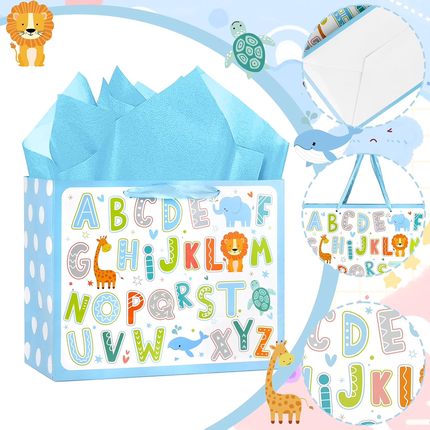 Hooqict Large Baby Boy Girl Gift Bag with Tissue Paper and Greeting Card, Reusable Baby Shower or Happy Birthday Gift Wrap Bag with Handle for Parties - 11.8" x 9.4" x 5.4”
