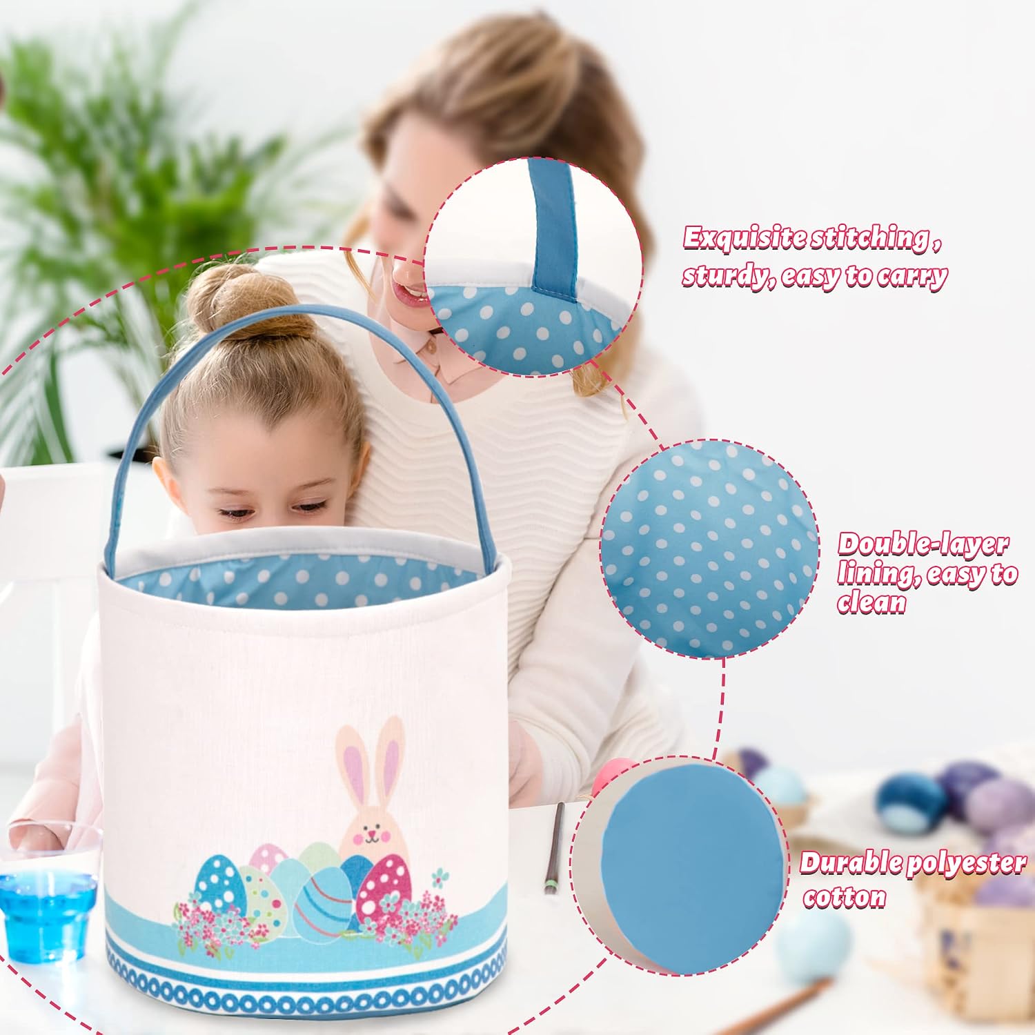LessMo Easter Bunny Basket Egg Buckets, Blue Cute Personalized Canvas Cotton Tote Bags Egg Hunt Basket for Easter Party Gifts