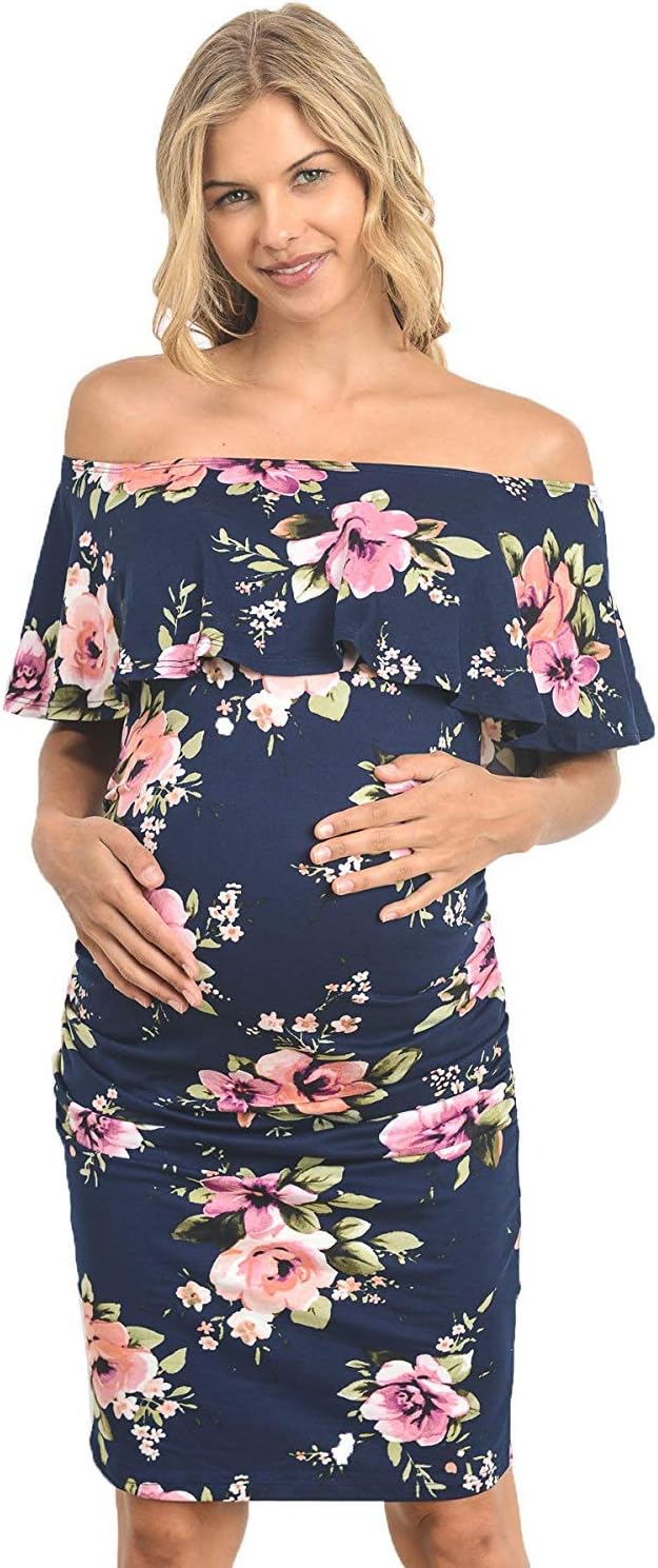 Hello MIZ Women's Floral Ruffle Off Shoulder Maternity Dress - Made in USA