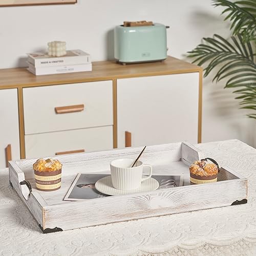 Miniatura 4 de Bandeja rectangular grande de madera para servir de 20 x 14 pulgadas, bandeja otomana de madera rústica con mango de metal y esquinas envueltas,