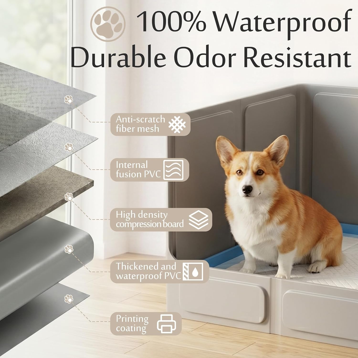 Dog Litter Box with High Walls, Foldable No-Assembly Indoor Dog Potty Tray, Waterproof No-Spill Dog Pee Pad Holder for Small and Medium Dogs, Easy to Clean, Gray (33"x22"x16")