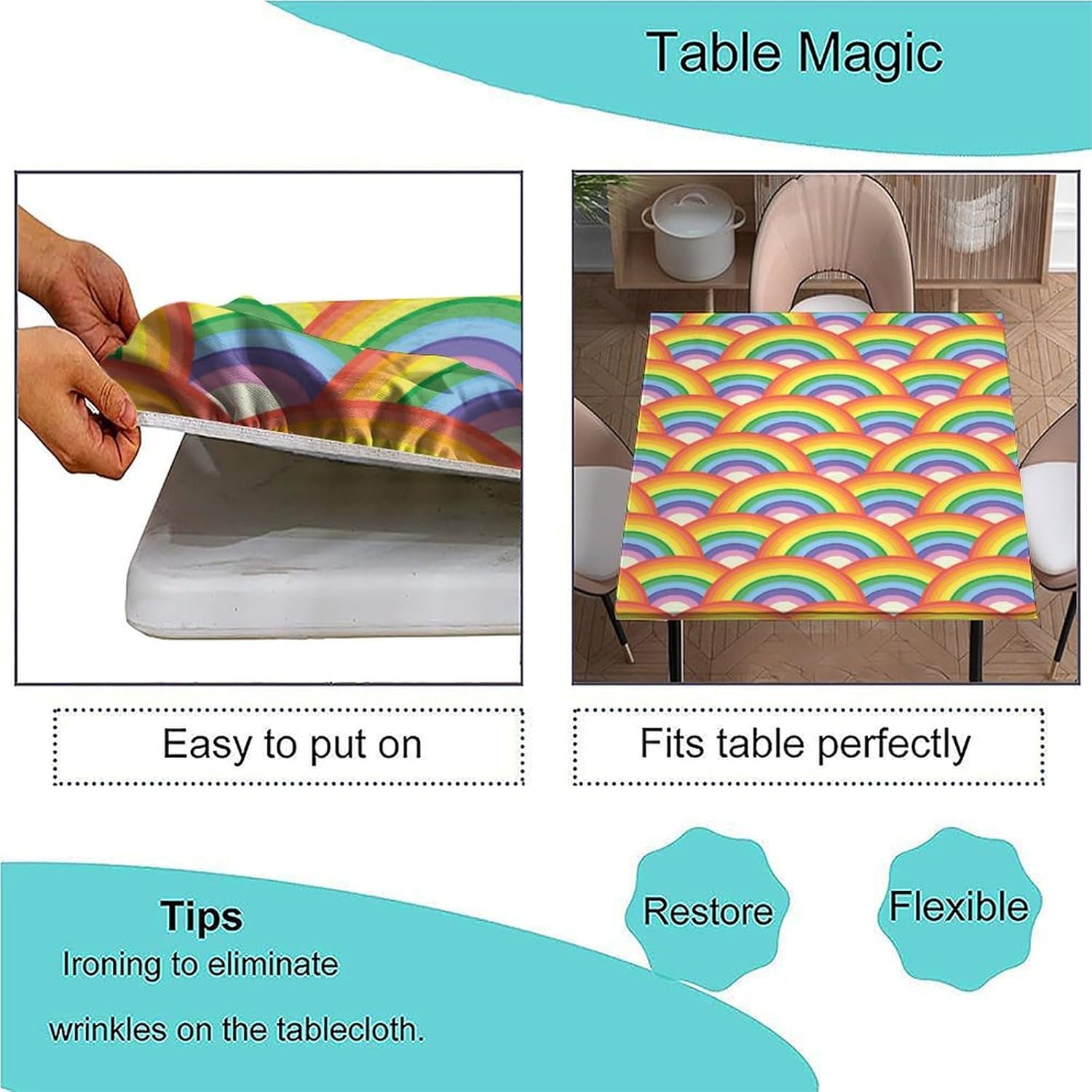 Fitted Polyester Tablecloths Square, Color Art Elastic Edge Home Decor Tablecloth, Dust & Wrinkle Proof Fabric Table Cover for Family Festival Party Use, Fit for 48" x 48" Square Table
