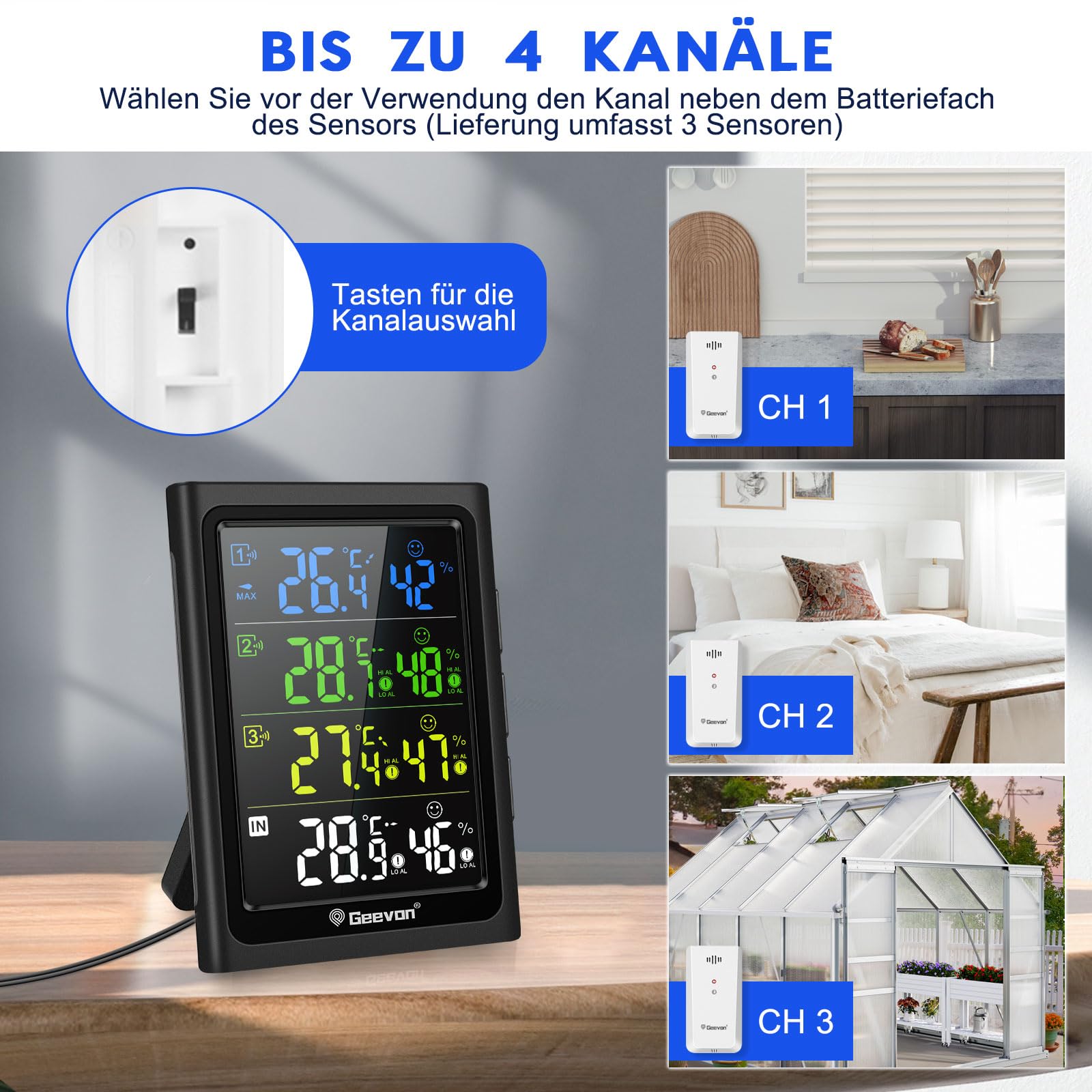 Geevon Termometro Interno Esterno con 3 Sensori a Distanza, Termometro Igrometro Digitale per Umidità, Misuratore di Temperatura e Umidità con Portata di 90M/300FT (Nero con Batteria)