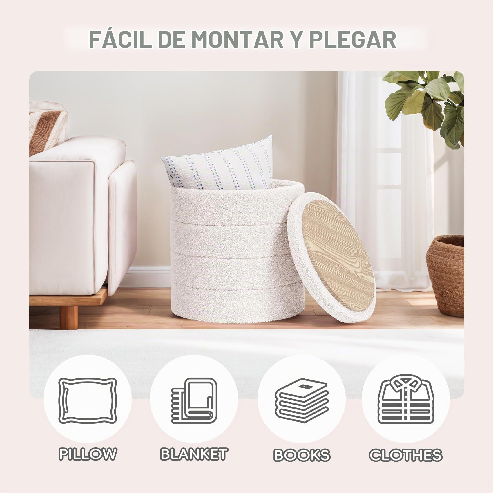 PINPLUS Puff con Almacenaje, Redondo Taburete Baúl Plegable con Tapa Reversible, 43x43x45 cm para Salón, Dormitorio y Pasillo, Blanco