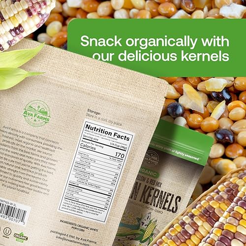 Miniatura 5 de Ava Farms Mezcla de granos de palomitas de maíz orgánicos, rojo, amarillo, blanco, bolsa de 3 libras, sin gluten, sin OMG, maíz natural, saludable,