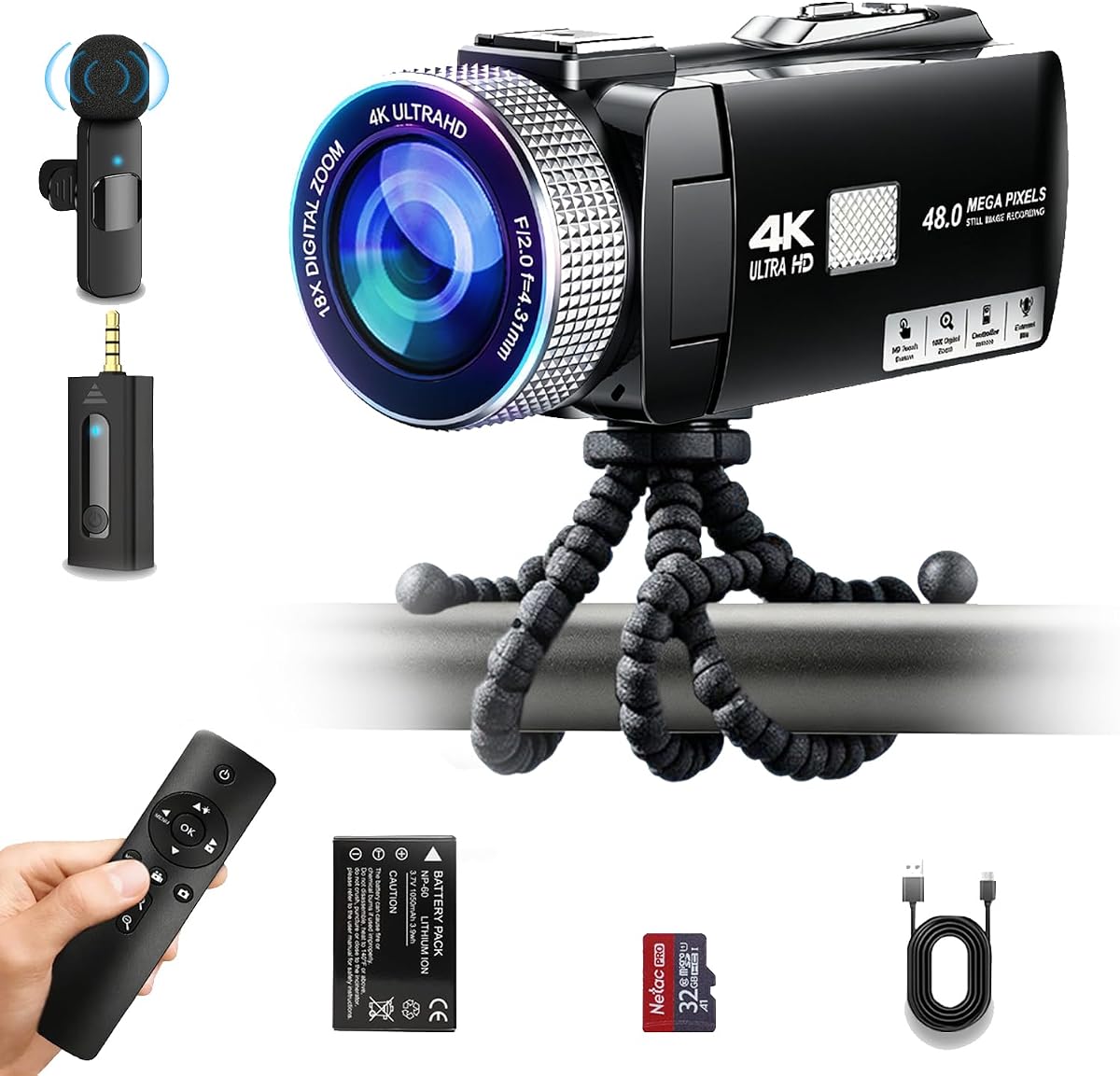 【Enfoque manual】 2026 Nueva videocámara digital 4K 60FPS, cámara de video con pantalla táctil, control remoto 2.4G, micrófono Lavalier externo, trípode Octopus, tarjeta TF 32G y 2 baterías para Vlogging