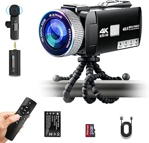 4K 60FPS Digital Camcorder with Touch Screen, Remote, Microphone, Tripod, 32GB Card & Batteries