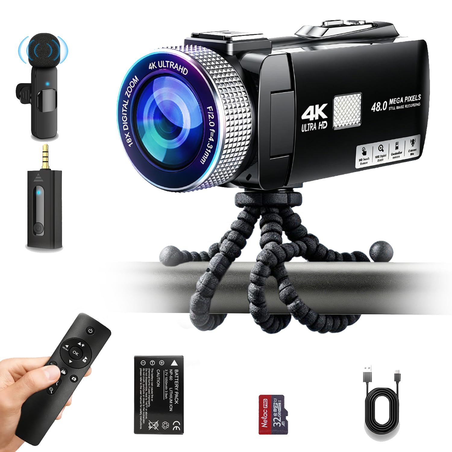 【Manual Focus】 2026 New 4K 60FPS Digital Camcorder, Video Camera with Touch Screen, 2.4G Remote Control, External Lavalier Microphone, Octopus Tripod, 32G TF Card & 2 Batteries for Vlogging-picture-11
