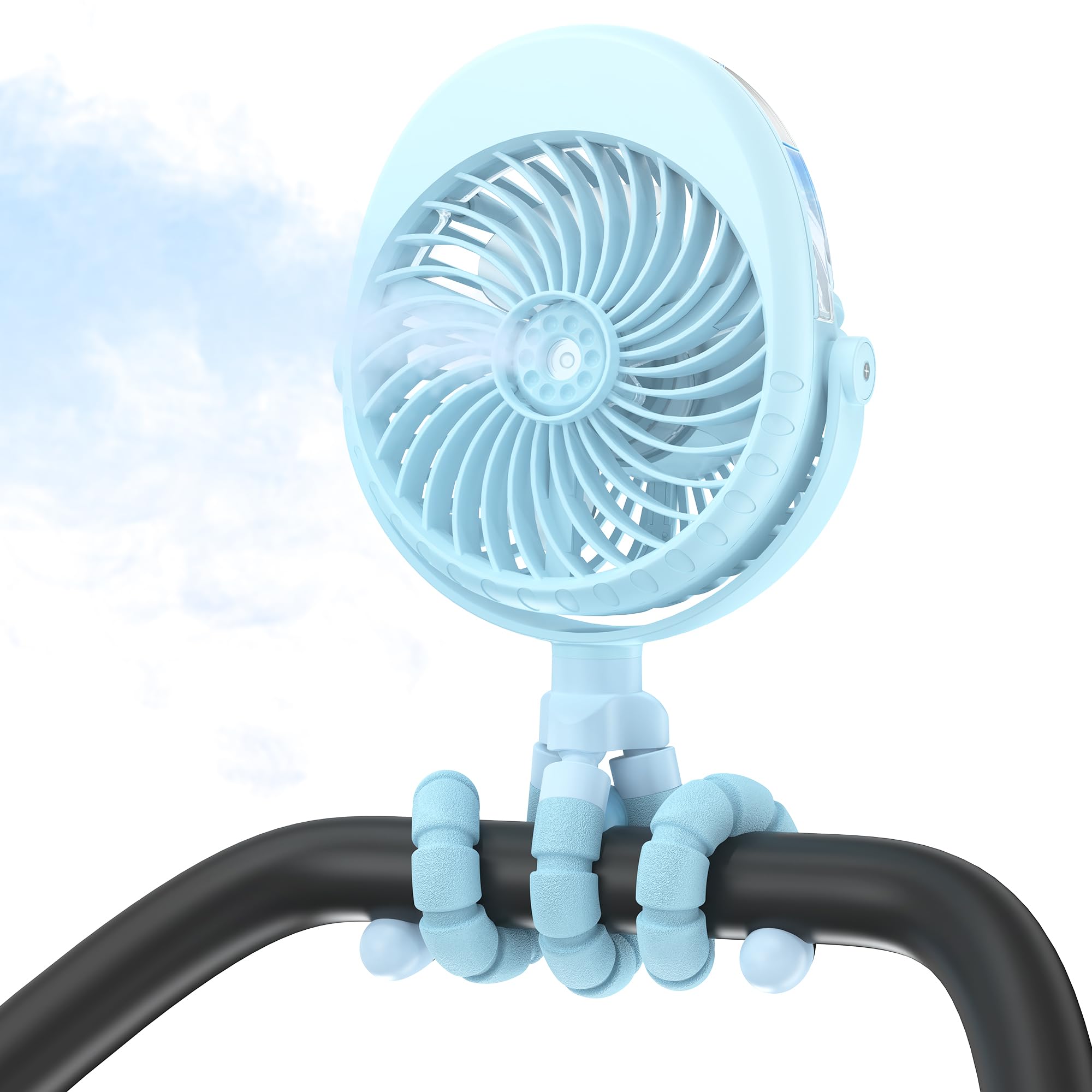 Ventilateur de poussette avec fonction d'humidification, ventilateur de table avec pied flexible, réservoir d'eau de 50ml, pivotant à 270°& 360°, ventilateur USB pour siège auto tapis roulant vélo