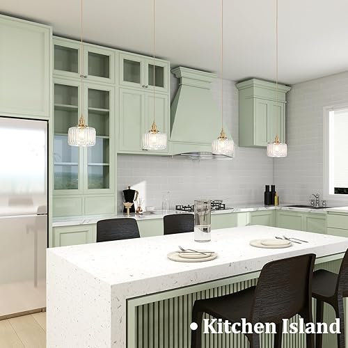 Miniatura 2 de Paquete de 2 lámparas colgantes con pantalla de vidrio transparente a rayas, luz colgante vintage de latón, luz colgante ajustable para cocina,