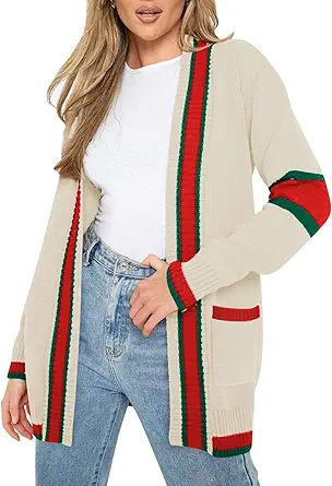 HAPCOPE Cardigan Sweaters for Women Color Block Striped Draped Kimono Long Sleeve Open Front Casual Knit Sweater Outwear