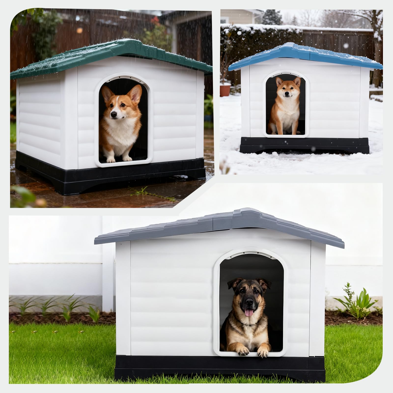 PETCUTE Caseta para Perros,Casa de Plástico para Perros con Techo Inclinado, Lado de Apertura, Fondo de Drenaje, Base Aislante, Refugio para Mascotas,Uso Interior y Exterior,Gris