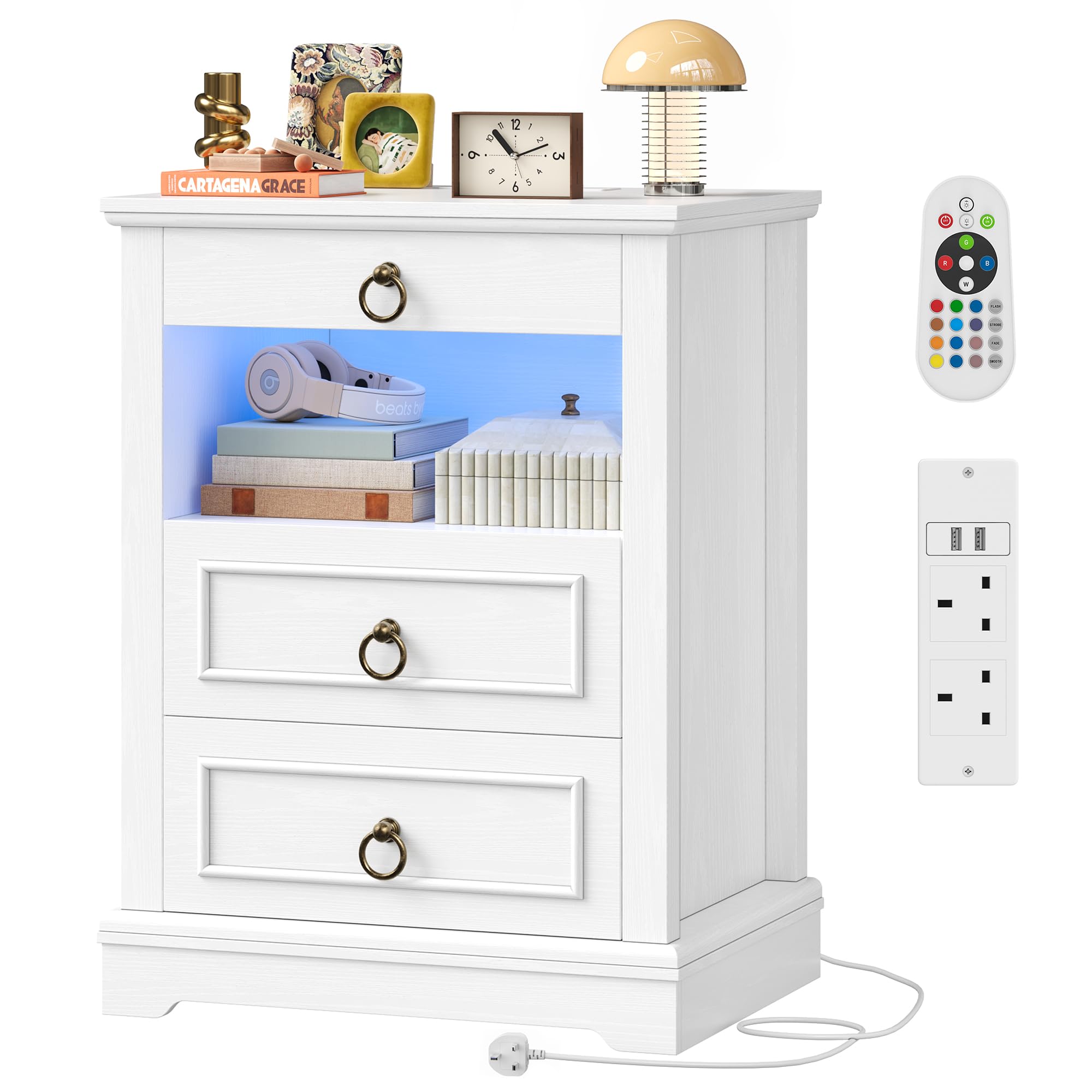 hefoths Bedside Table with LED Lights, Bedside Cabinet with Charging Station, 2 USB Ports, 3 Drawers & 1 Open Shelf, Modern Nightstand for Bedroom, Living Room (White)