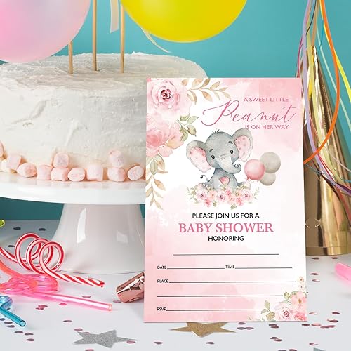 Miniatura 4 de UDNADKEX Invitaciones de baby shower para niña elefante rosa con sobres, invitaciones para baby showers, fiesta floral, tarjetas de invitación de
