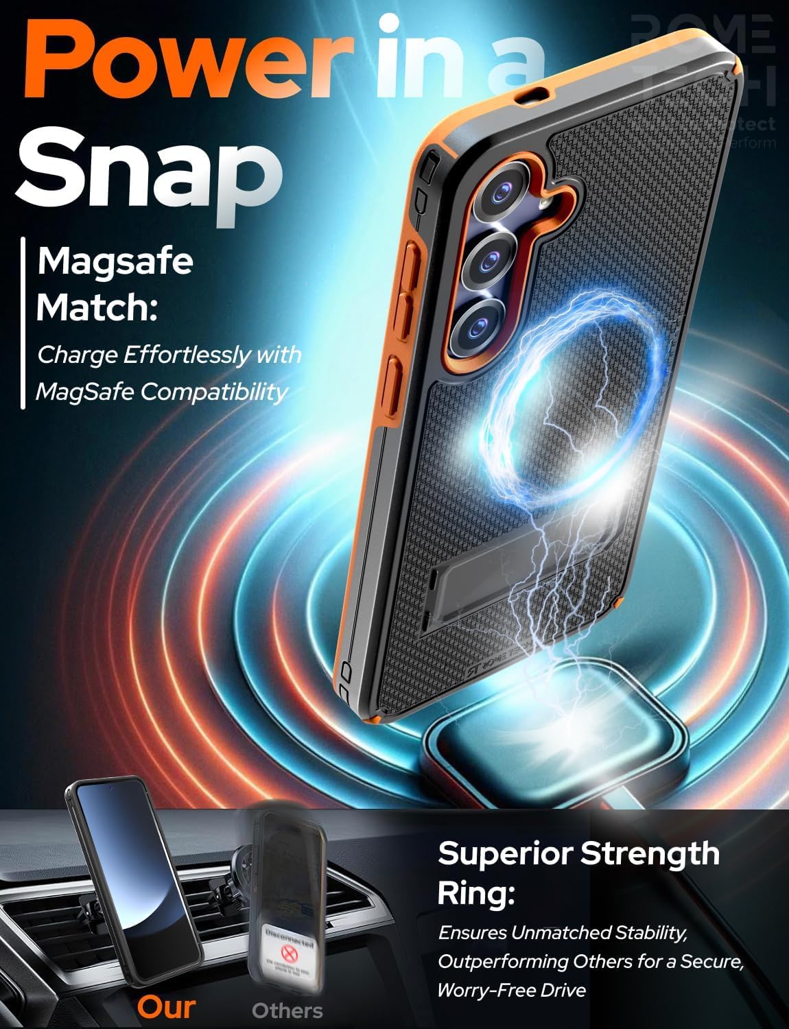 Designed for Samsung Galaxy S25 Case with Belt Clip Holster - Compatible with MagSafe Magnetic Heavy Duty Phone Cover with Kickstand - Black & Orange - Image 6