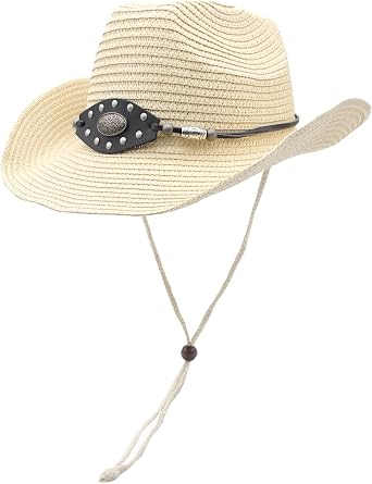 Western Straw Cowboy Hat for Women Men Knight Hat Wide Brim Summer Beach Sun Hats Leather Hatband Wind Lanyard