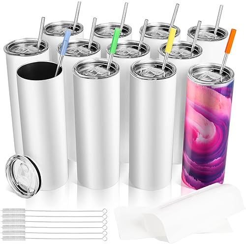 12PCS 20 OZ Sublimation Tumblers Blank Skinny Straight Stainless Steel Double Wall Insulated with Lid, Straws, and Shrink Wrap Polymer Coating for Heat Transfer