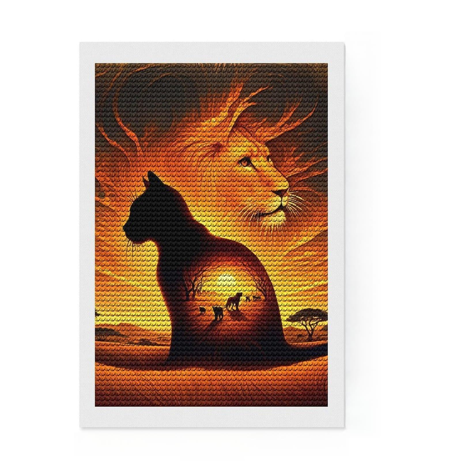 Junmoney Cat Silhouette Lion Sunset Diamond Painting Canvas Kit 8"x12", Winter Craft, Christmas Gift, Aesthetic Room Decor, Canvas Picture