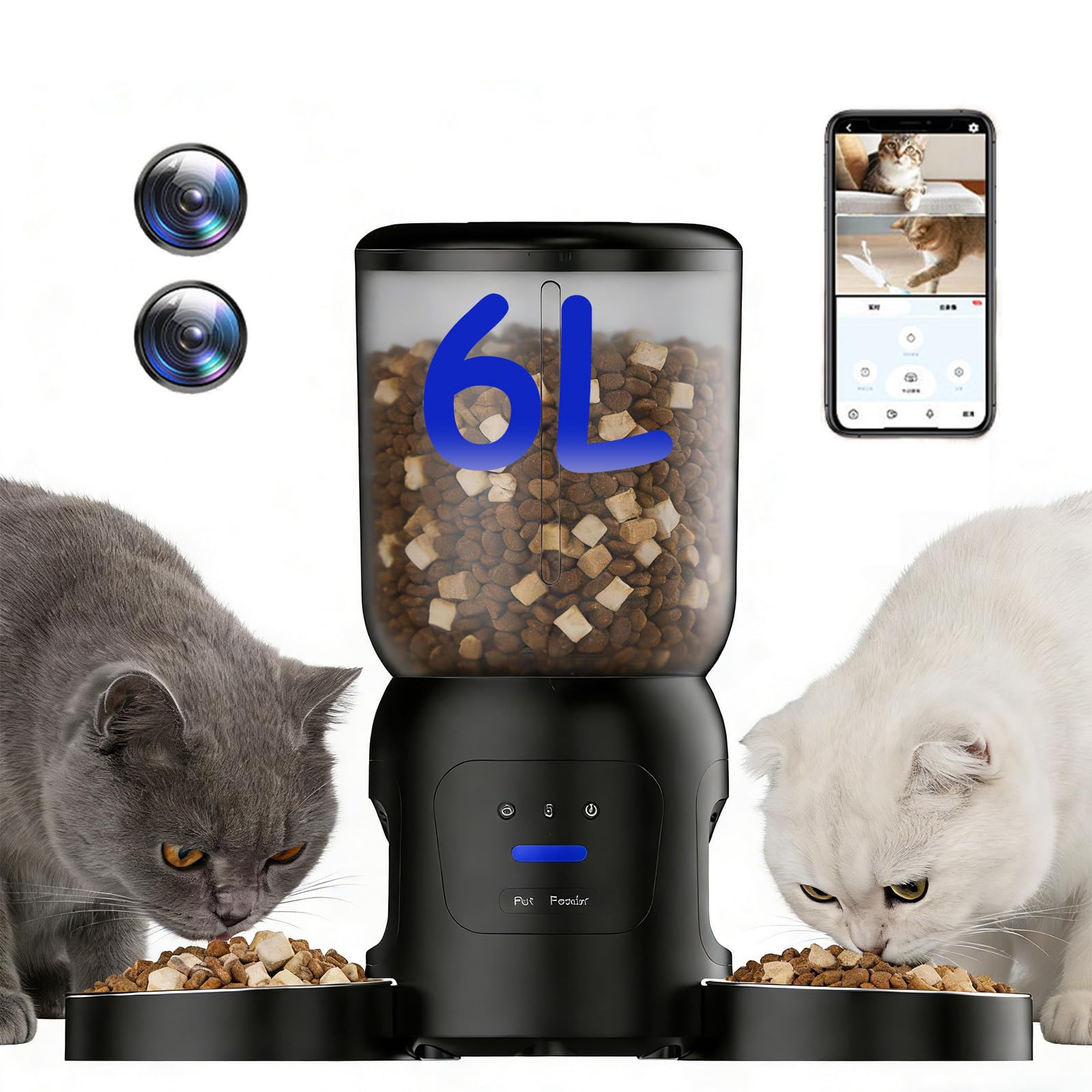 BrooBirder 6L Automatic Cat Food Dispenser 2 Bowls, Two Camera 2K Night Vision, 2-Way Audio, WIFI App Control Battery-Backup, Customisable Alarm Zones, Matte black