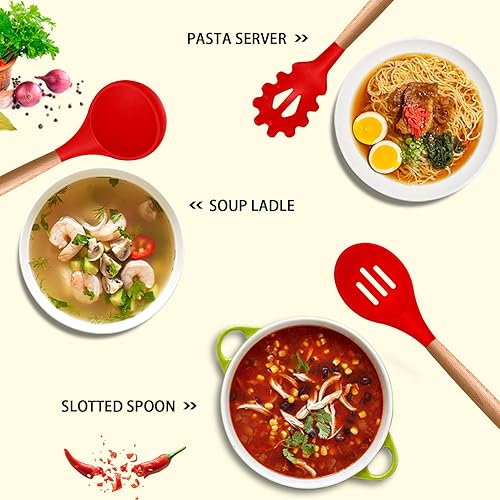 Miniatura 2 de MIBOTE Juego de utensilios de cocina de silicona, resistente al calor, pinzas giratorias, espátula, cuchara, batidor, mango de madera con soporte