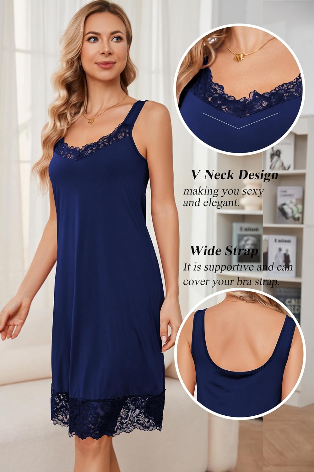 H HIAMIGOS Slip Dress Lace Trim Satin Slip for Women Under Dress Non Cling Midi Full Slip Wide Strap - Image 4